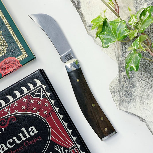 Arthur Wright and Sons pruner pocket knife with end cap and ebony handle opened