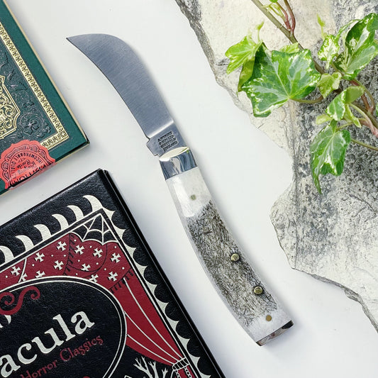 Arthur Wright and Sons pruner pocket knife with end cap and stag horn handle opened